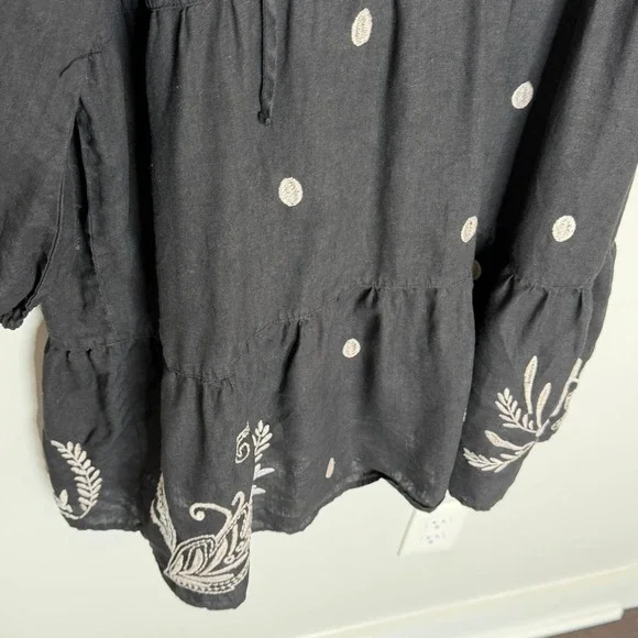 Johnny Was Black Linen Embroidered Frankie Tiered Field Dress Bird Boho Large - Picture 10 of 15